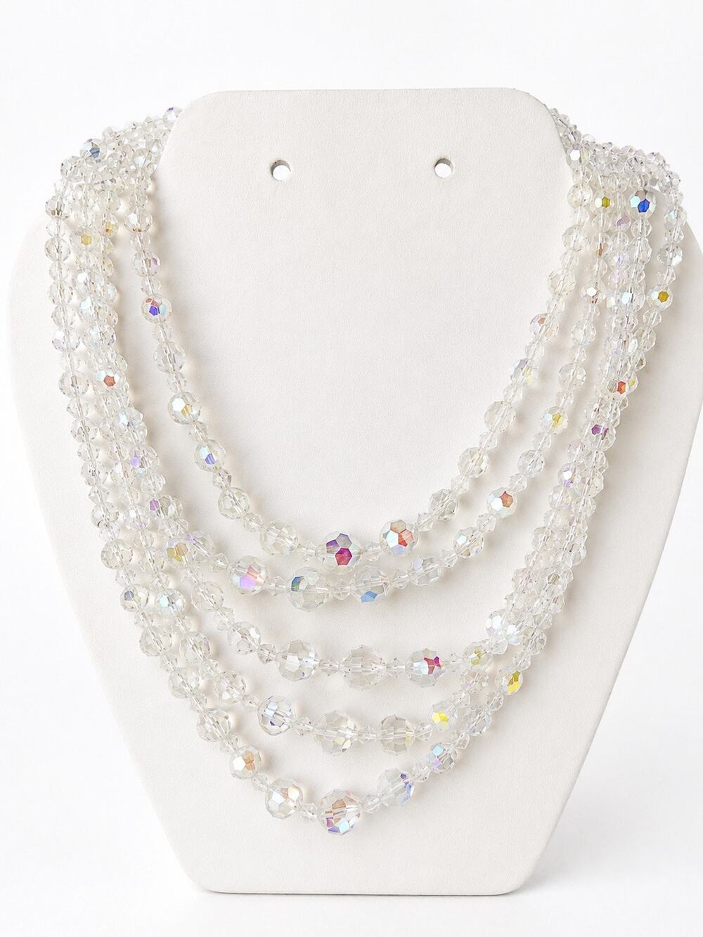 Aurora Borealis Crystal Multi Strand Rhinestone Clasp Beaded Necklace Vintage